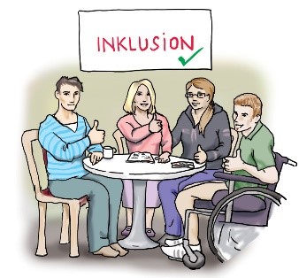 Vier Personen, darunter eine im Rollstuhl, sitzen am Tisch unter Inklusionsschild mit Haken