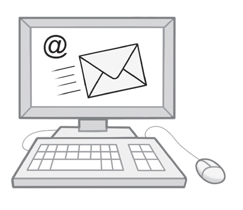 Computerbildschirm mit E-Mail-Symbol und Tastatur mit Maus