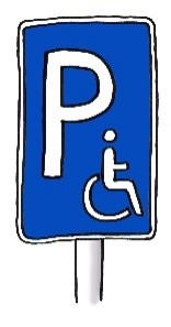 Schild für Behindertenparkplatz mit Rollstuhlsymbol auf blauem Hintergrund