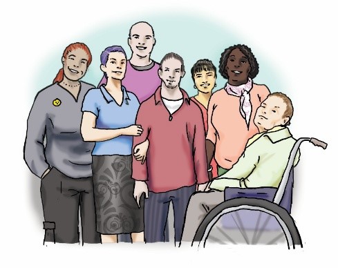 Gruppe vielfältiger Menschen, darunter eine Person im Rollstuhl, posiert freundlich