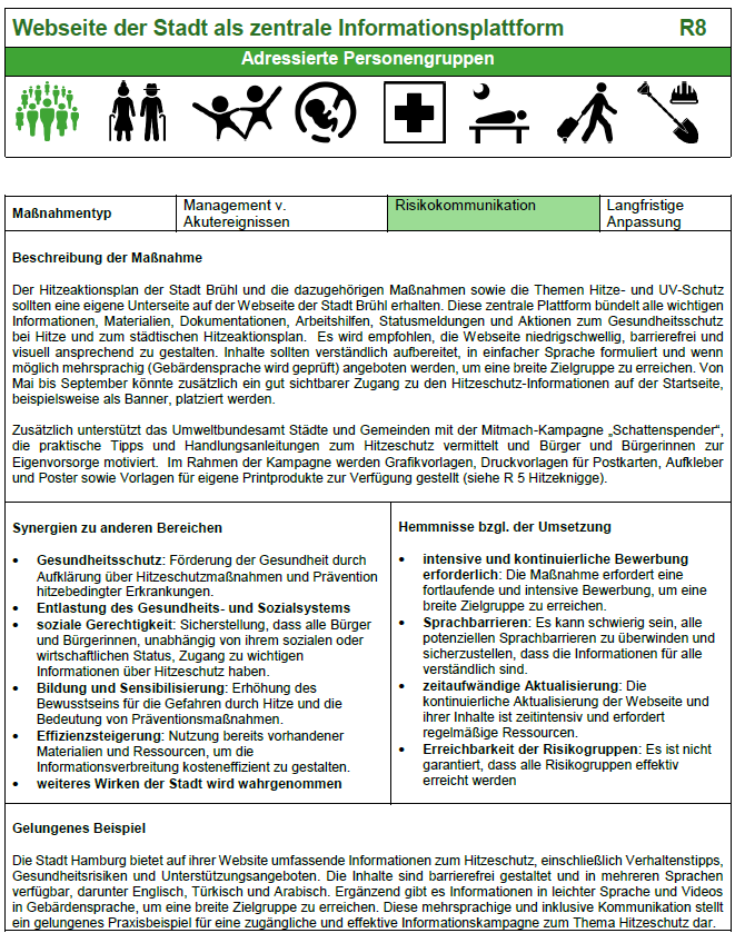 Beispielhafter Maßnahmensteckbrief (S.1) aus der Gruppe 'Risikokommunikation'